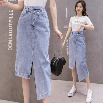 

Split Asymmetrical High Waist Denim Midi Skirt For Women Buttons Slim Bodycon Denim Skirt Women Irregular Mid Long Jeans Skirt