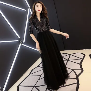 

Skyyue Patchwork A-Line Robe De Soiree FR320 V-Neck Half Sleeve Party Dress Black Long Evening Gowns Sequin Formal Dresses 2020