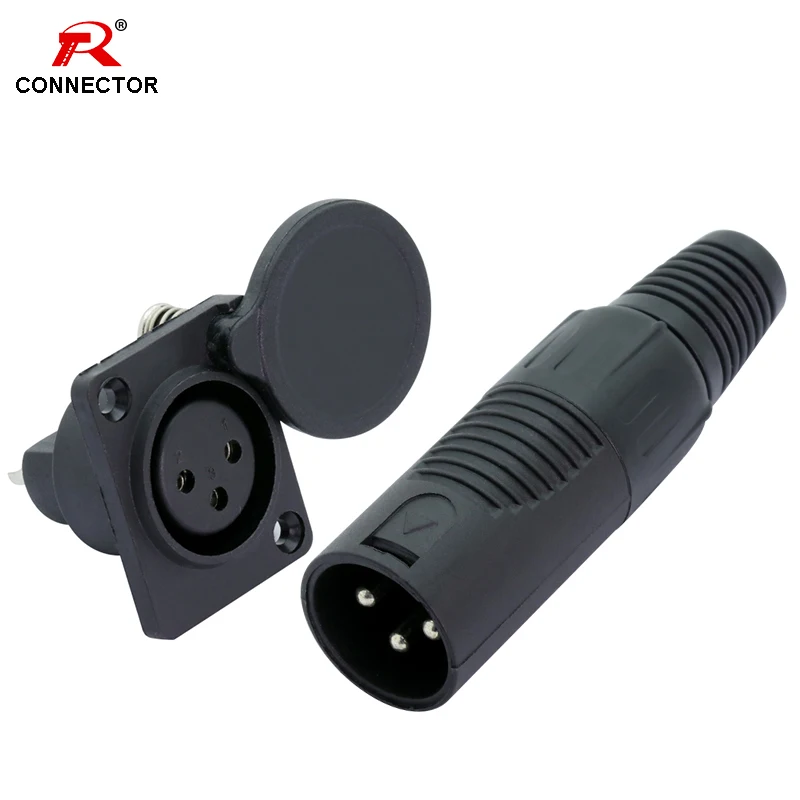 Conector de cable XLR, 3 pines, macho + hembra, conector de cable + tipo de montaje de panel, con cubierta protectora, para Audio/vídeo, 2 uds.