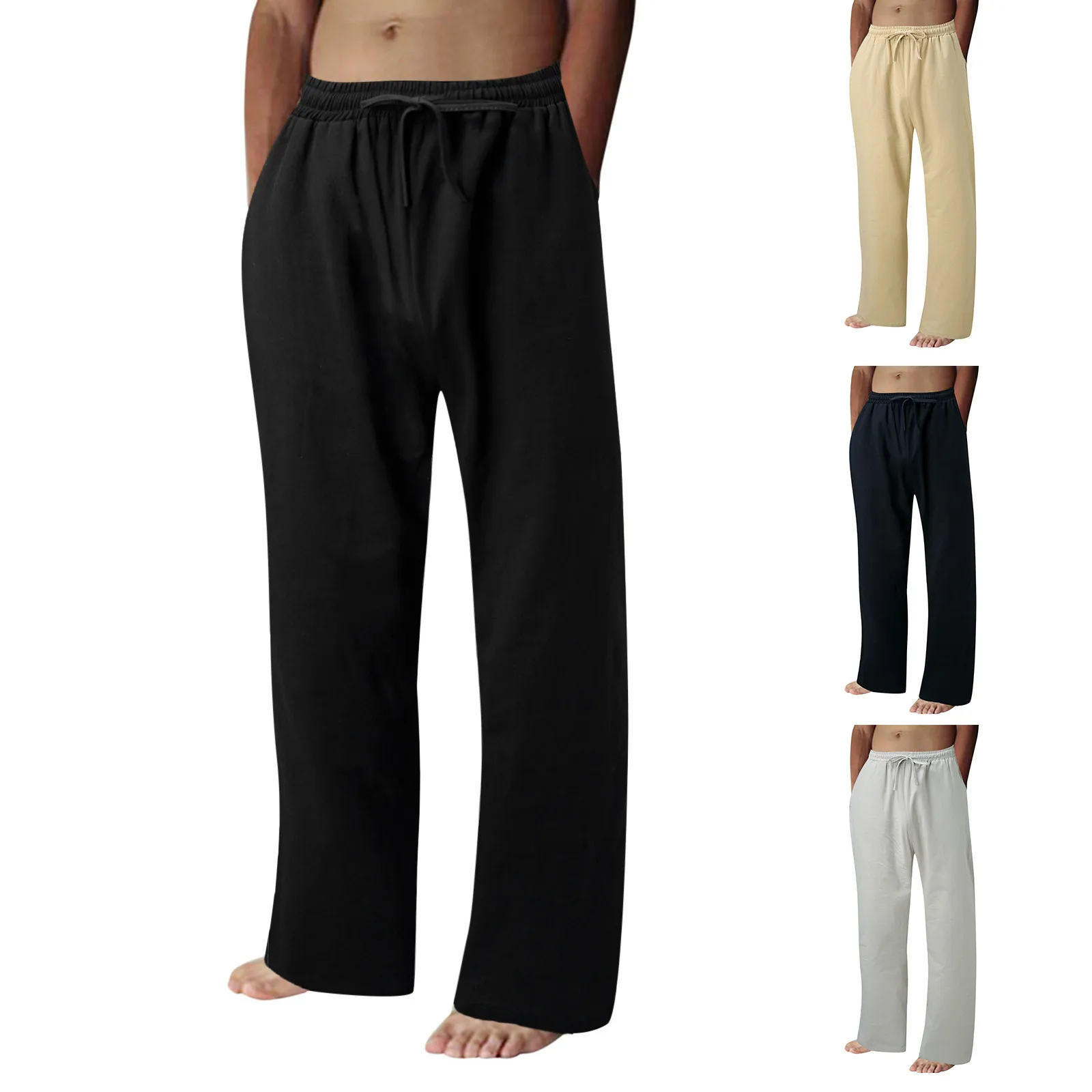 New Men's Summer Casual Pants Lace-up Pocket Solid Color Cotton Trousers Pants Daily Comfy Simple Pants Pantalones Hombre 2021 1