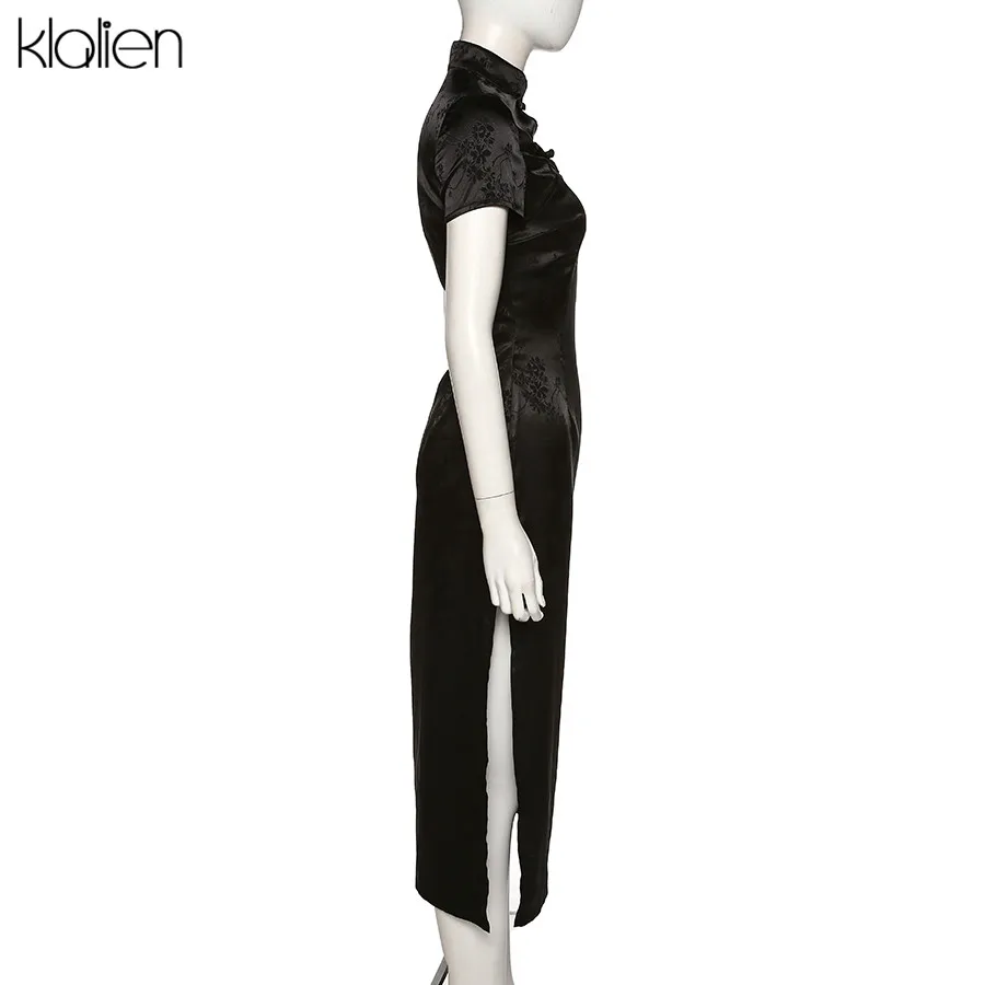 KLALIEN Black Monochrome Printing Satin Traditional Chinese Dresses Long Qipao Dress Sexy Split Tang Costume Banquet Qipao Woman maxi dresses for women