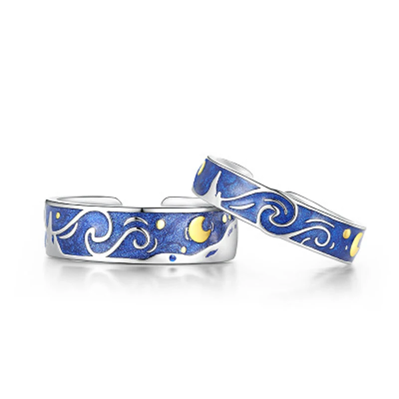 Qevila Real 100% 925 Sterling Silver Ring Van Gogh Open Rings Starry Sky Moon Adjustable Ring For Women Lover Men Romantic Gifts (8)