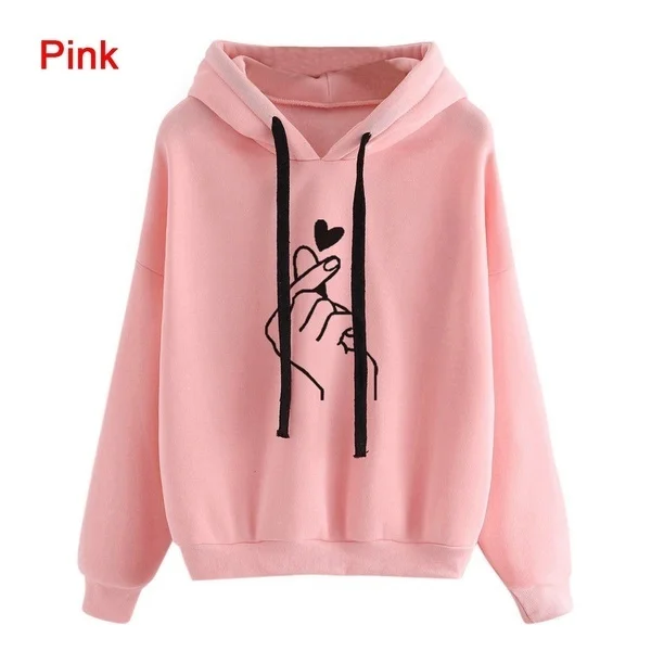 New Fashion Women's Hooded Casual Printed Finger Heart Long Sleeve Solid Color Loose Tops Hoodies Coat