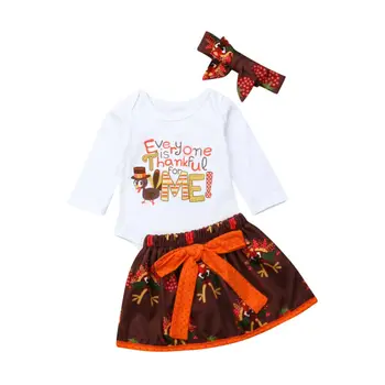 

2020 Newest Hot Baby Spring Autumn Baby Girls Thanksgiving Outfits Long Sleeve Romper Bowknot Tutu Dress Headband 3PCS Clothes
