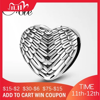 

Free fly feather wings Heart Shape Metal Bead for Women Jewelry Making 925 Sterling Silver Charm fit Reflections Bracelet Bangle