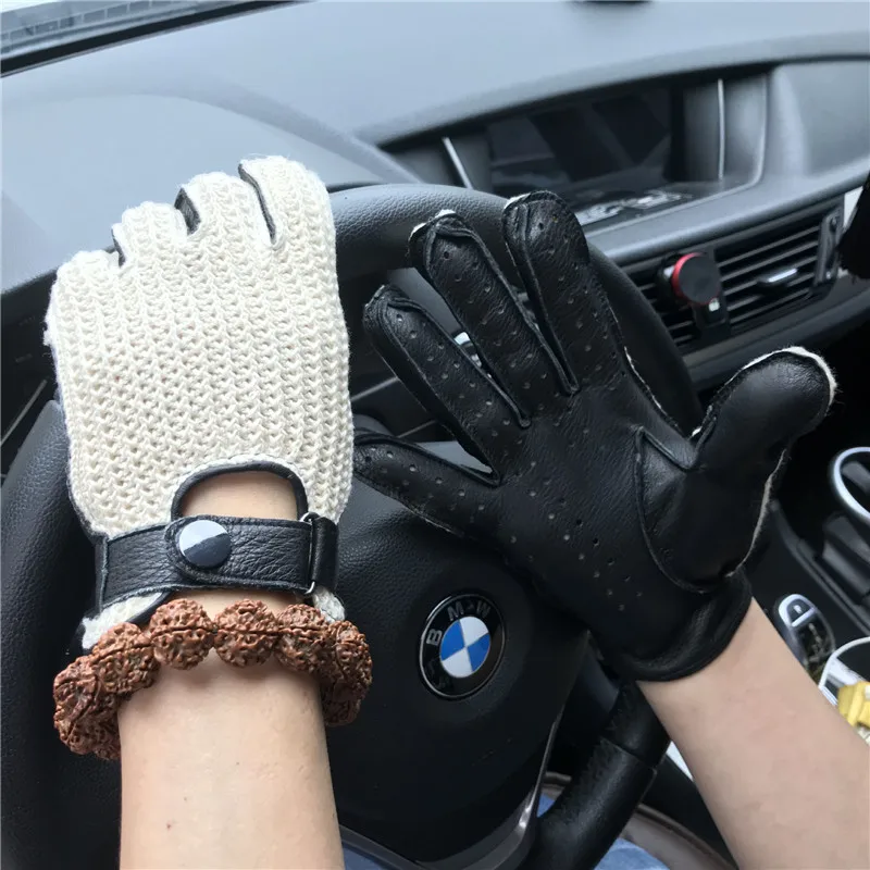 Man's Deerskin Gloves Locomotive Driving Retro Knitted+ Leather thin Slim Hand Genuine Leather Gloves For Female Male AM032A