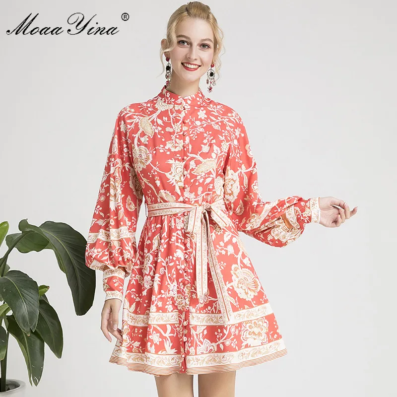 Красный MoaaYina/модное дизайнерское платье для подиума, весеннее женское платье, рукав в виде фонаря с изображениями цветов, элегантные праздничные платья на шнуровке - Цвет: Красный