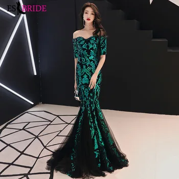 

Green Sequined Evening Dresses ES2985-1 Off Shoulder Half Sleeve Luxury Sexy Robe De Soiree Long Mermaid Party