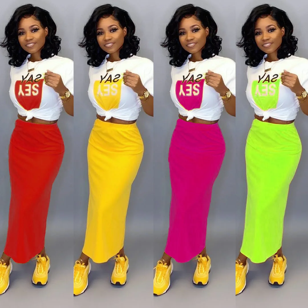 

2019 European and American Fashion Multicolored Printed Letter Leisure One-Step Skirt Suit Spot african dresses for women