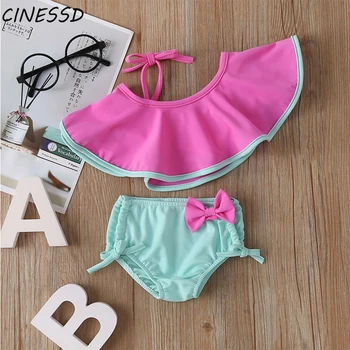 

2PCS Baby Girl Summer Swimwear Off Shoulder Solid Swimsuit for Kids Children Bikini Set Ruffle Bowknot Swimwear Beachwear Suit