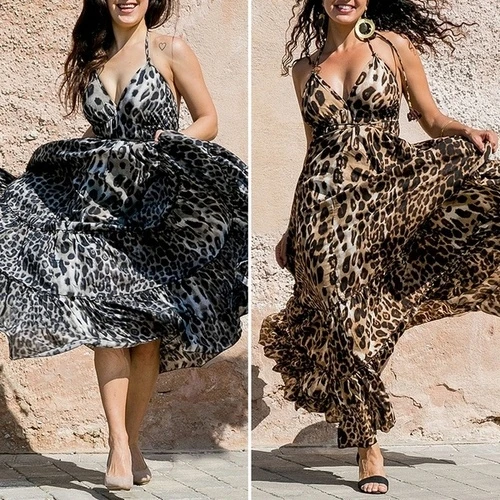 

2019 Spring Summer Europe America New Fashion Leopard Printed Sleeveless Designs Women Elegant Temperament Popular Female Dress