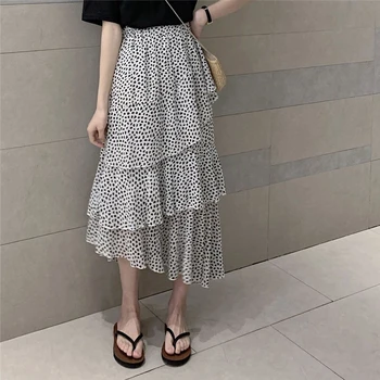 

Ailegog Asymmetrical Women Chiffon Polka Dot Long Skirt Spring Summer Casual Female Ruffles High Waist Skirts Ladies Skirts