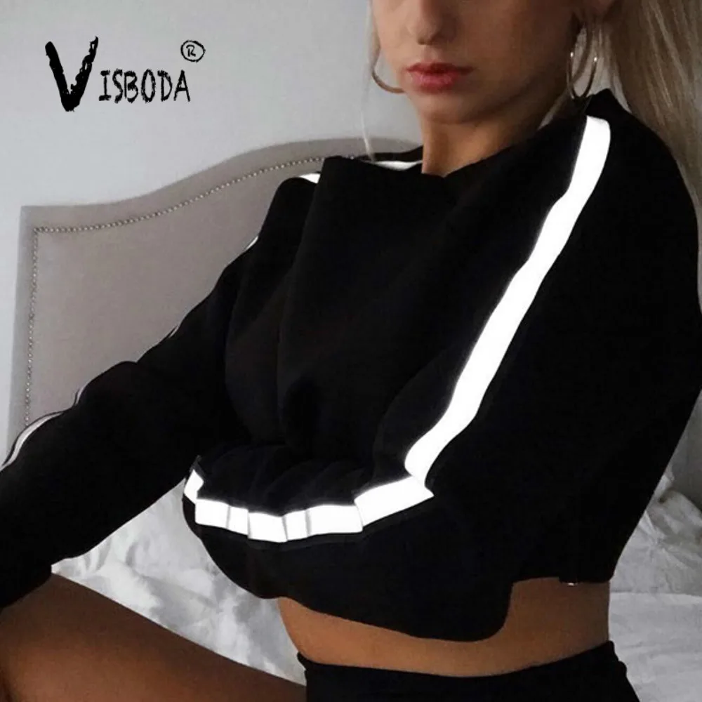  Casual Oversized Hoodies Reflective Jumper Sweatshirt Fashion Female White Cropped Top Autumn Ladie