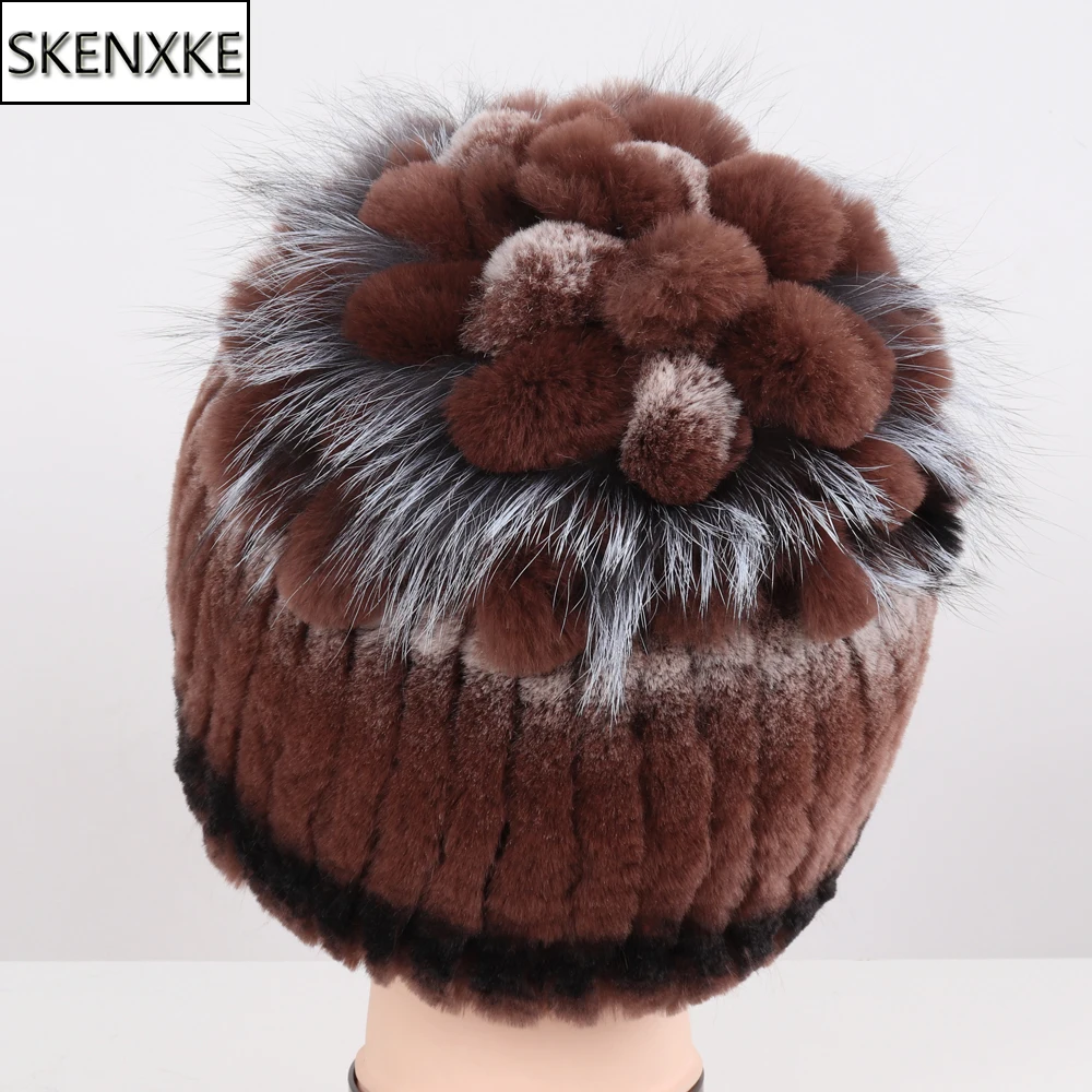 

New Arrival Winter Lady Good Elastic Real Rex Rabbit Fur Beanies Hats Women Thick Warm 100% Natural Fur Hat Knitted Real Fur Cap