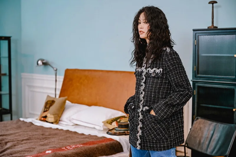 LANMREM Ladies Jacket Autumn And Winter New Original V-neck Tweed Plaid Single-breasted Long-sleeved Coat 19F-a572