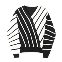 

Black And White Color Matching Striped Loose Sweater Cardigan Women's Long Sleeve Autumn Winter 2021 New Thin V-Neck Knit Top