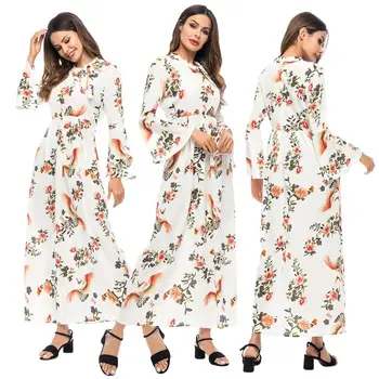 

Muslim Floral Print Long Sleeve Maxi Dress Women Jilbab Islamic Kaftan Arab Robe Vintage Flare Sleeve Lace Up Collar 2019 Autumn