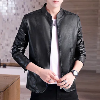 

2020 spring and autumn new men's casual leather collar handsome young fashion pure color pu leather jacket