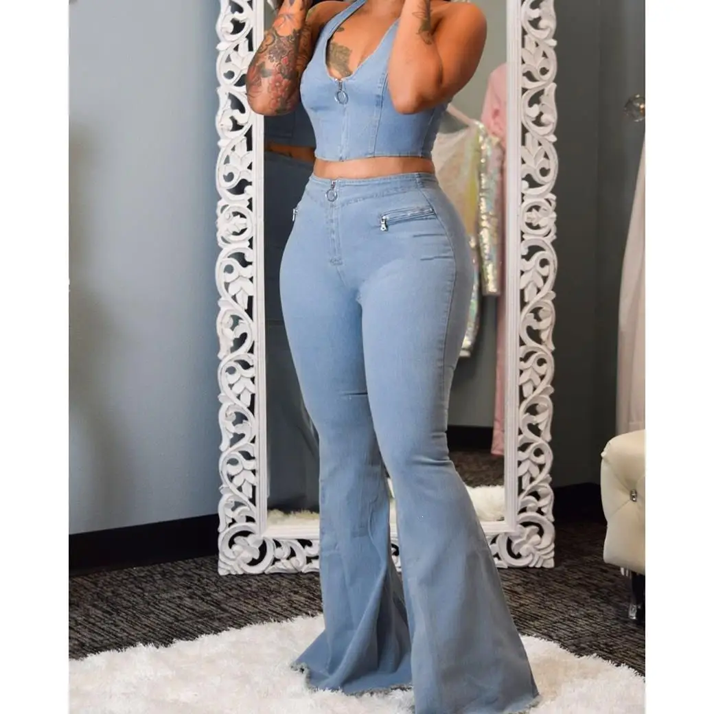 Women Two Piece Pants Set Streetwear Halter Neck Crop Top Flare Jeans Denim Suit Tracksuit Outfits |