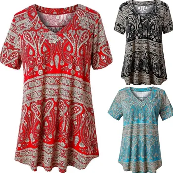 

Vintage Women Floral Printed Loose Blouse Fashion Casual V-Neck Short Sleeve T-Shirt Summer Pleated Tunic Shirt Plus Size