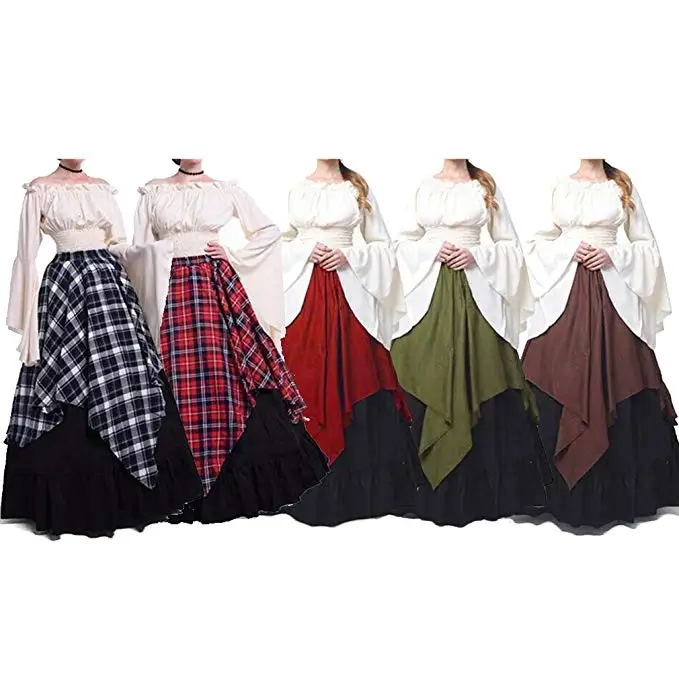 FEECOLOR Women Medieval Dress, Vintage Long Sleeve Dress Flared Sleeves Retro Halloween Medieval Victorian Fancy Dress Costume