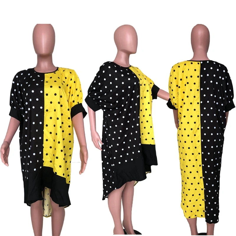 Свободное платье-рубашка в горошек для женщин; уличная одежда с рукавом до локтя; асимметричное платье-рубашка с оборками и высоким низом; длинное повседневное праздничное платье - Цвет: Черный