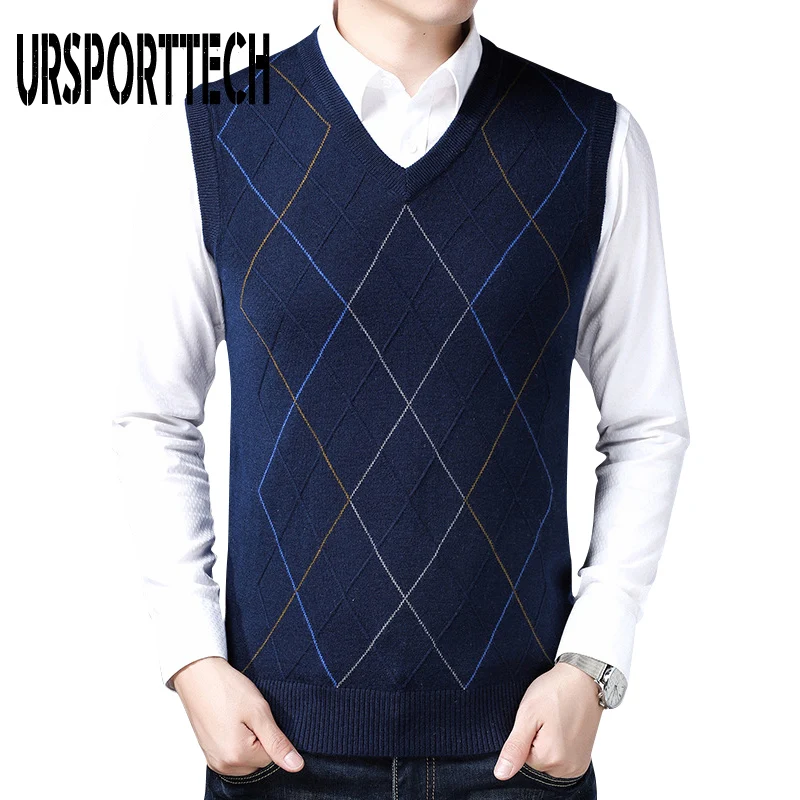 Mens Casual Argyle V-Neck Sleeveless Sweater Vest 2019 Autumn Winter New Arrival Korean Style Knitted Cashmere Wool | Мужская одежда