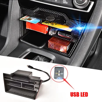 

1 Set Storage Box Carbon Fiber Car Console With USB-LED With USB Charging