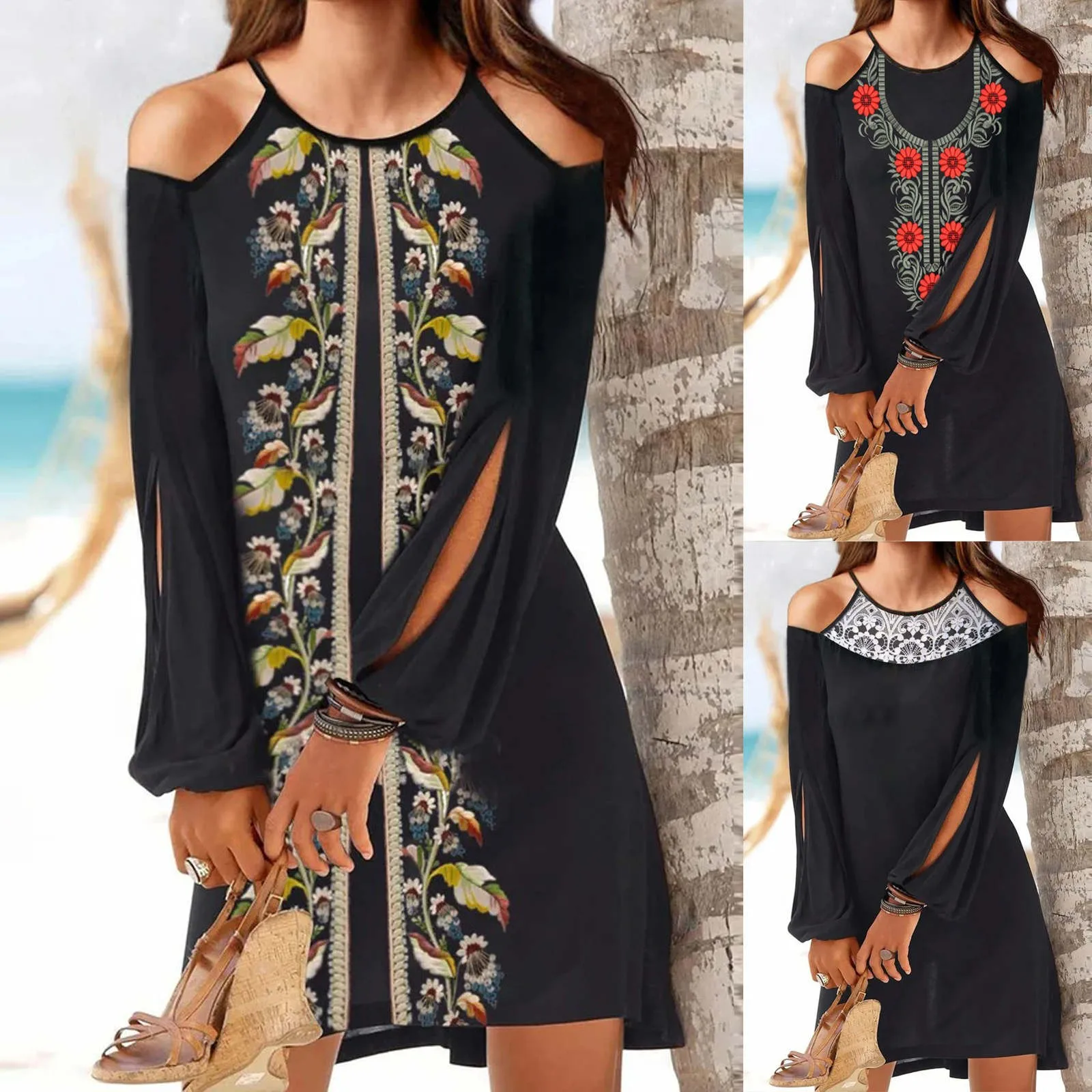 Dress Women Long Sleeve Casual Printed Round Neck Lace Sexy Ladies Ethnic Print Hollow Out Strapless Dress Knee-Length Vestido 2