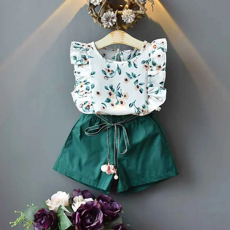 MERI AMMI/комплект одежды из 2 предметов, Детская летняя одежда для девочек Футболка с цветочным рисунком+ шорты с бантиком, верхняя одежда для От 2 до 13 лет, для маленьких девочек - Цвет: J793-1