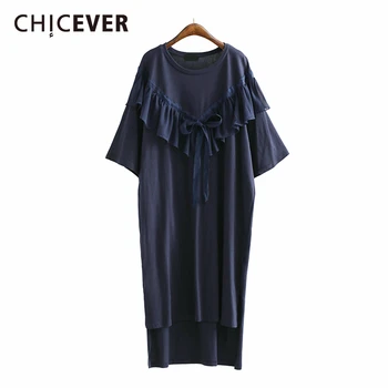 

CHICEVER Patchwork Chiffon Ruffles Women's Dresses Short Sleeve O Neck Loose Dress Female Oversized Fashion 2020 Summer Clothes
