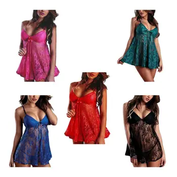 

Women Spaghetti Strap Sexy V-Neck Lingerie Dress Sheer Floral Lace Pleated Bowknot Mini Nightgown Solid Color Babydoll Sleepwear