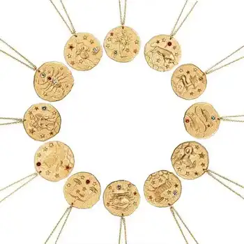 

New 12Pcs CZ Charms zodiac constellation Coin Twelve Constellation Copper Gold Filled Simple Pendant Necklace