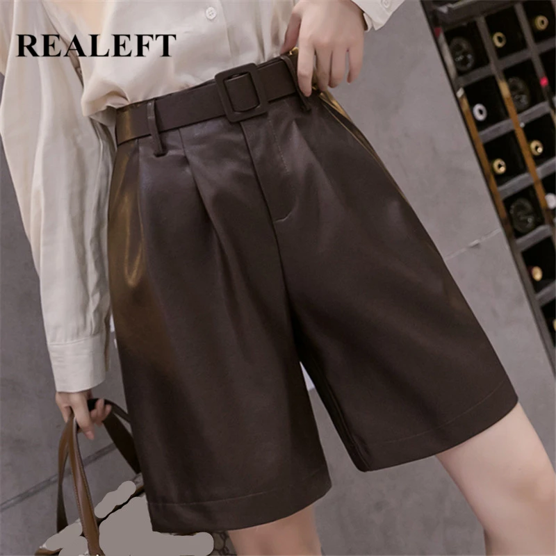 

REALEFT 2021 New Winter Women's PU Leather Shorts With Belt Stylish High Waist Pockets Casual Wide Legged Ladies Pants Female