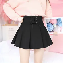 Новая Осенняя юбка в консервативном стиле в стиле Харадзюку, в стиле панк, на шнуровке, с высокой талией, а-образная черная короткая плиссированная юбка с эластичной резинкой на талии