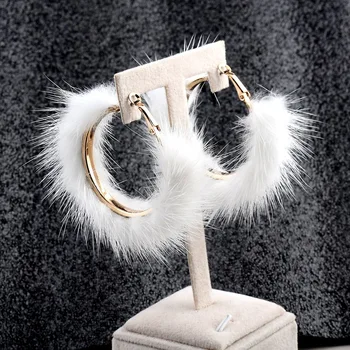 

2020 Cute Korea Earrings Circle Plush Pink Mink Fur Earrings Hoop Stainless Steel for Girls Fashion Bohemian Jewelry Gifts