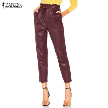 

2020 ZANZEA Fashion PU Leather Pants Women's Pencil Trousers Casual High Waist Pantalons Plus Size Solid Long OL Turnip Pants