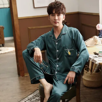 

Spring Mens Stain Silk Pajama Set Pajamas Men Sleepwear Modern Style Silk Nightgown Home Male Satin Soft Cozy For Sleeping