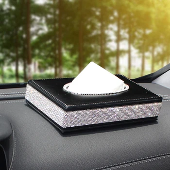 

Car Tissue Box Storage Baby Wipes Box Crystal Diamond Leather Auto Sun Visor Towel Tissue Holder Car Decoration Organizers