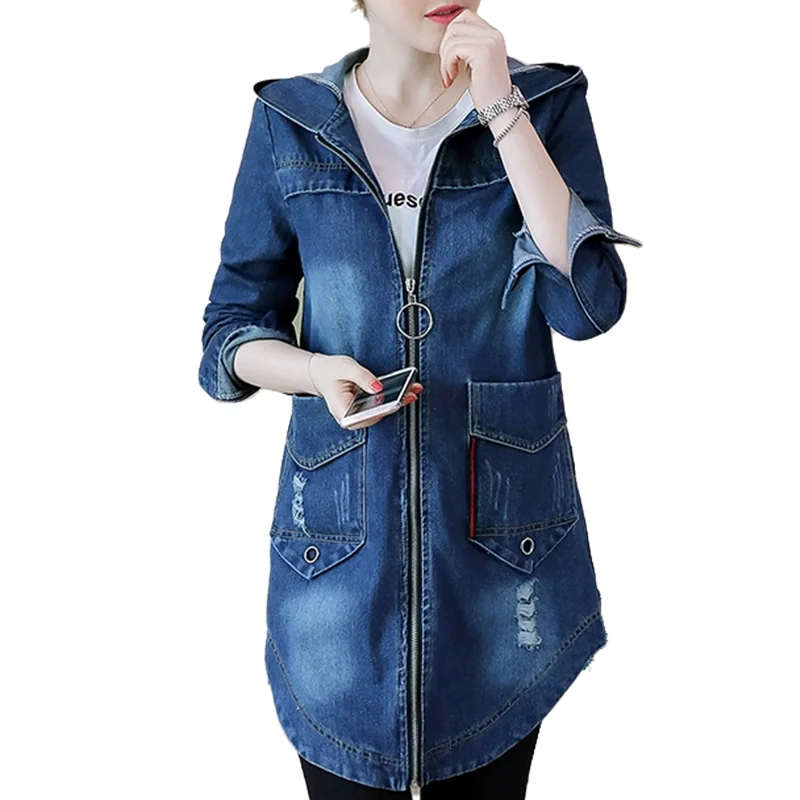 

Women Casual Hooded Denim Jacket Fashion Holes Lady Medium Long Slim Jeans Coat Windbreaker