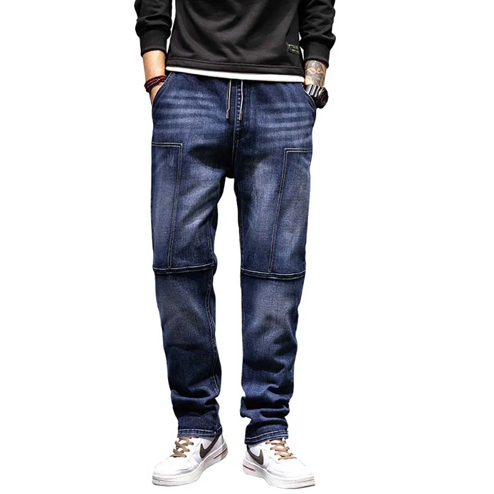 Plus Size Straight Jeans Men Casual Denim Patchwork Trousers Elastic Waist Streetwear Harem Pants Clothing