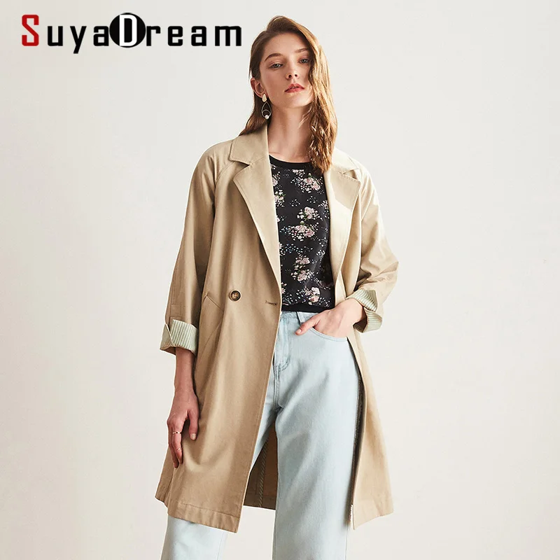 SuyaDream Для женщин хлопок длинный плащ сплошной британский стиль пальто для 2020
