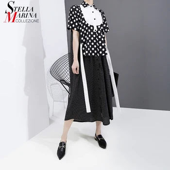 

New 2020 Women Summer Fashion Black Long Shirt Dress & Sashes Straight Dots Printed Ladies Stylish Casual Dress Robe Femme 6071