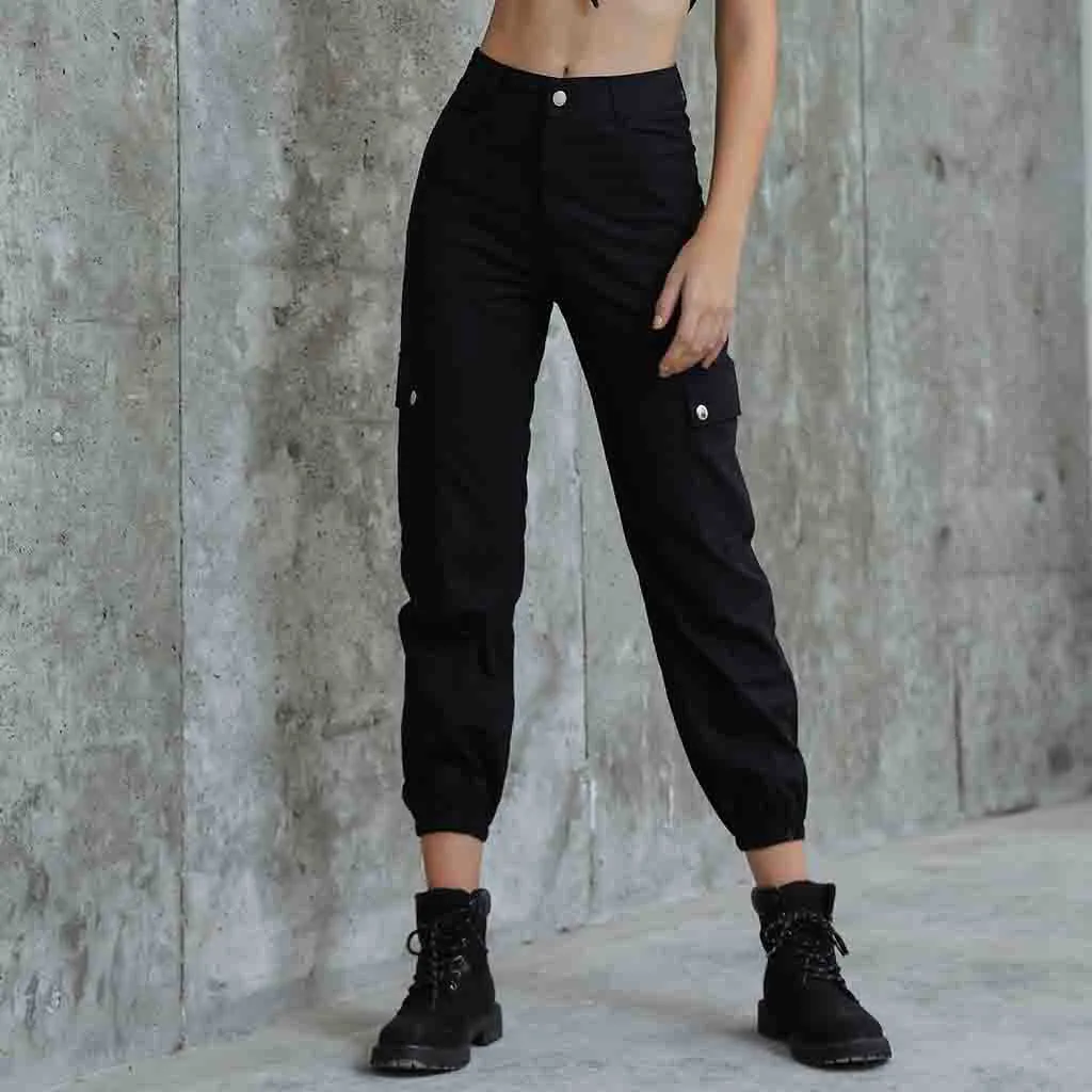 

Fashion Streetwear Women's cargo pants High Waist Button Fly Pockets casual pants Solid Button Ladies Loose black Pants