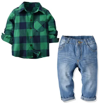 

New 2 pieces/set Children Clothes Tops Pants Kids Green Plaid Shirt Long Sleeve Americal Style Baby Boys Clothing Spring Autumn