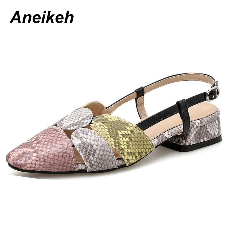 

Aneikeh Fashion 2019 Summer Women's Sandals PU Buckle Square heel Slingback Heel Shallow Mature Serpentine Dance Solid Size 4-9