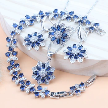 

Blue Cubic Zirconia Bridal Jewelry Sets For Silver 925 Women Costume Jewelry Necklace Pendant Bracelet Ring Earrings Gifts Box