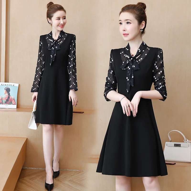 

Fat Mm2019 Early Autumn New Style Large Size Dress Fake Two-Piece Neckline Bow Dress