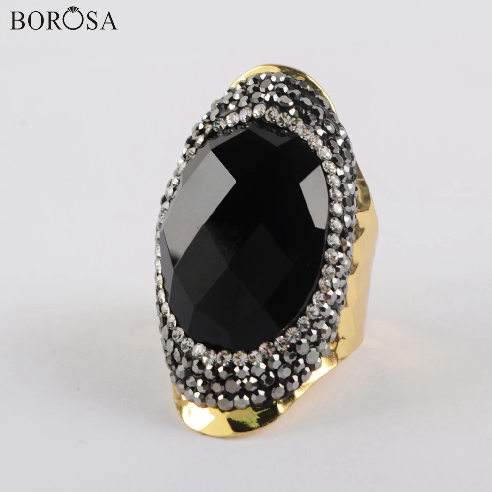 BOROSA, 5 шт., модное, мульти-вид, натуральные камни, Золотое кольцо, бирюза, Кристальные кольца, регулируемые стразы, кольцо для женщин, JAB981-1 - Цвет основного камня: Black Agate
