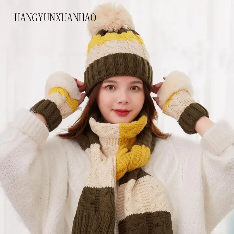 Вязаный шарф, перчатки, зимняя шапка, набор, женские толстые теплые перчатки с сенсорным экраном, шапочки, мягкий женский шарф для девочек, подарок